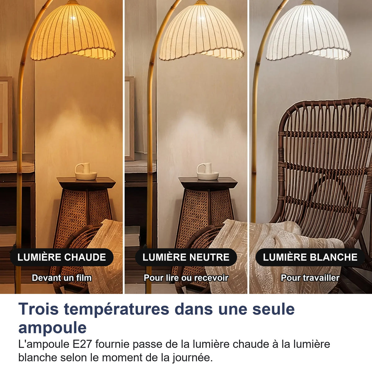 Les trois températures de lumière du lampadaire: chaude, neutre et blanche