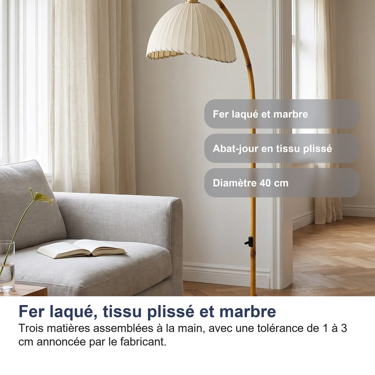 Fer laqué, tissu plissé et marbre