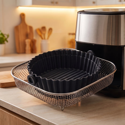 Moule en silicone rond à deux poignées posé vide dans le panier d'un air fryer