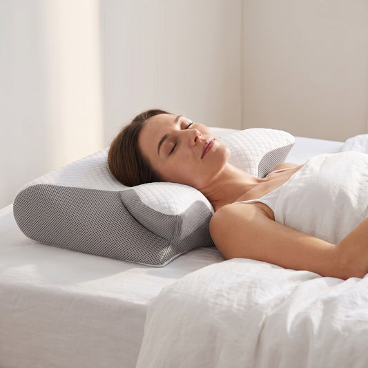 Oreiller ergonomique cervical à mémoire de forme soutenant la nuque d'une dormeuse allongée sur le côté