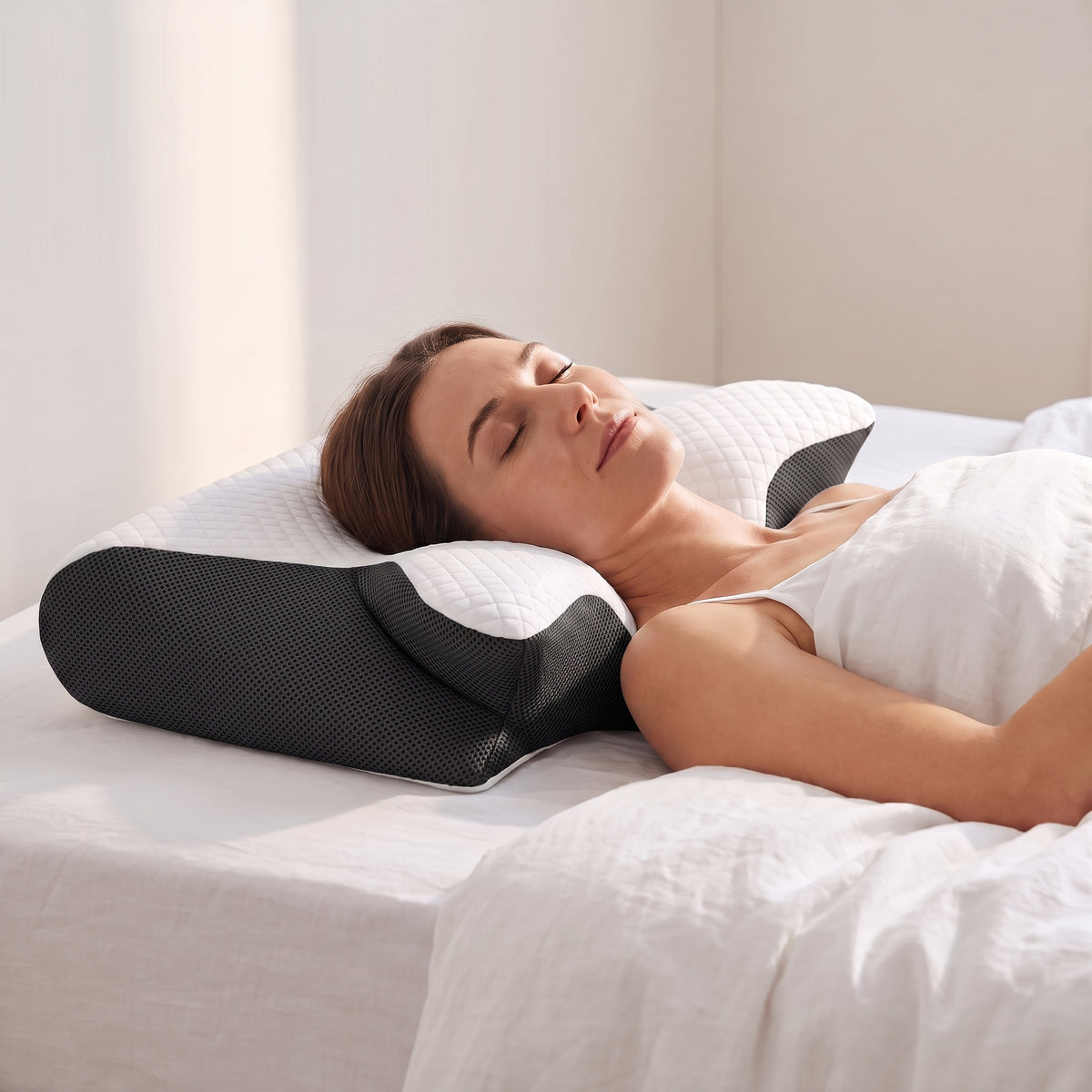 Oreiller ergonomique cervical noir à mémoire de forme soutenant la nuque d'une dormeuse allongée sur le côté