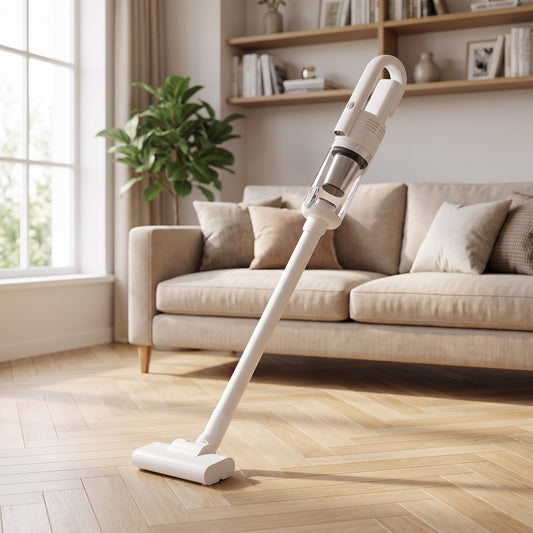 Aspirateur balai sans fil blanc en position d'utilisation sur un parquet clair dans un salon lumineux