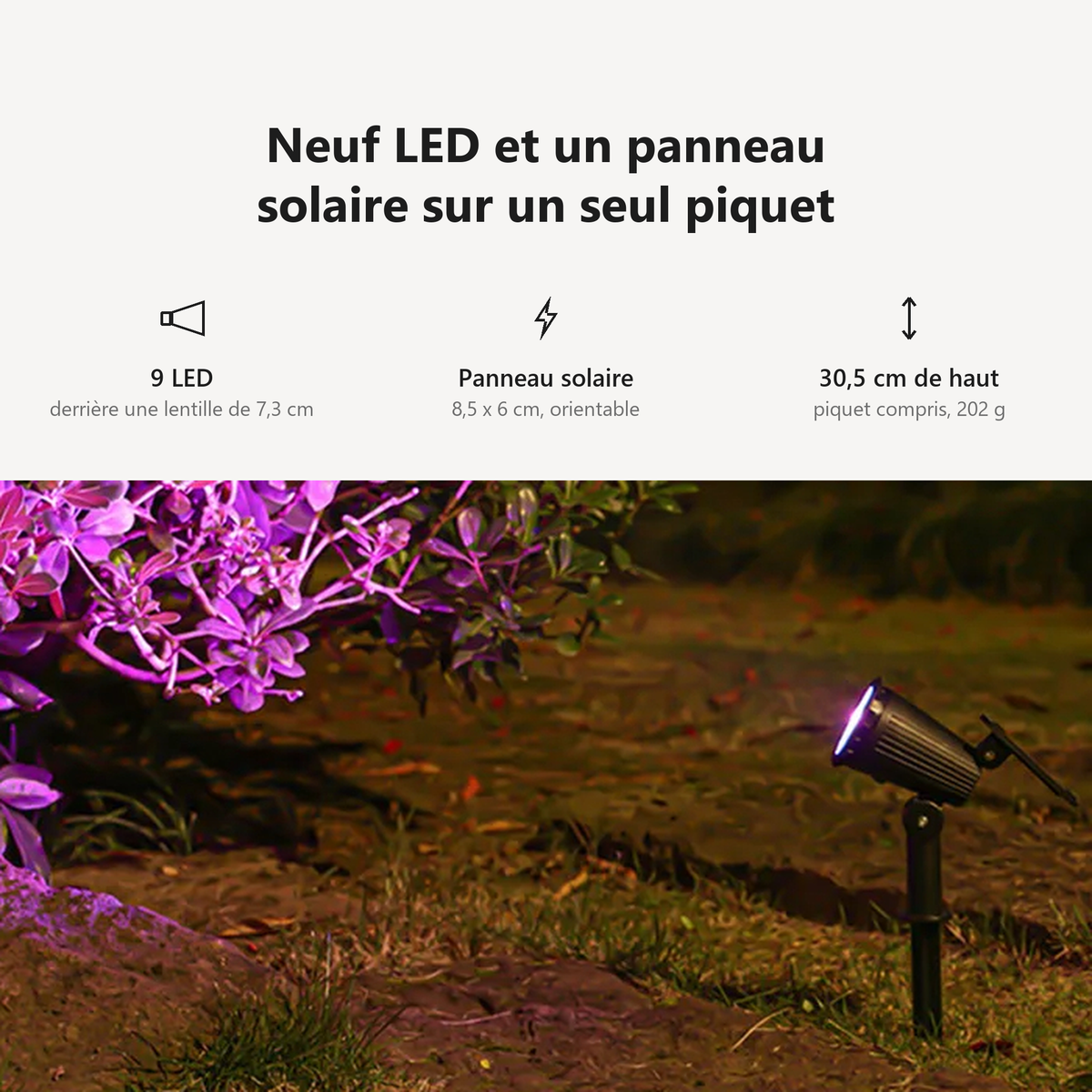 Spot solaire extérieur orientable à piquer, détail en utilisation
