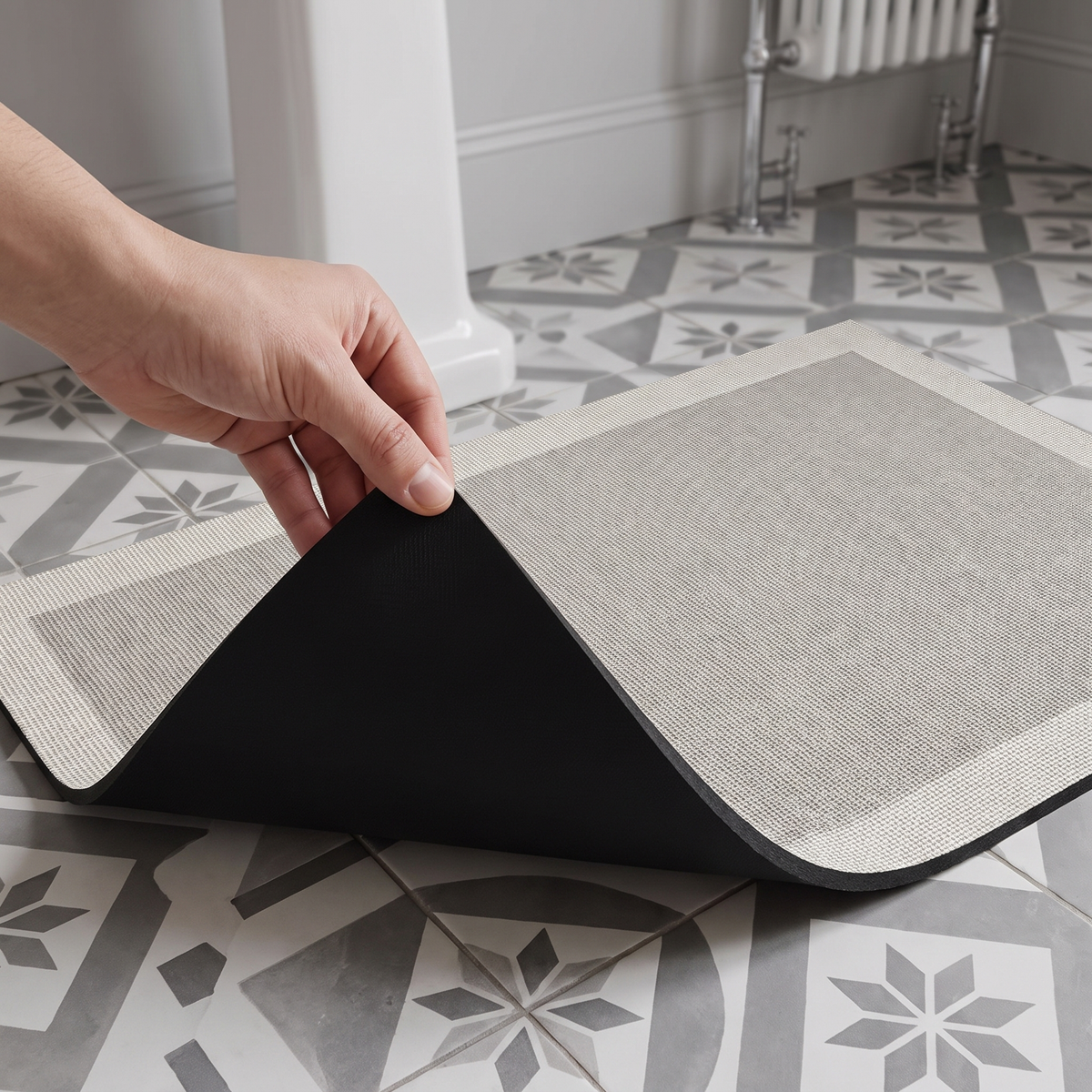 Une base en caoutchouc, pas un simple textile posé au sol
