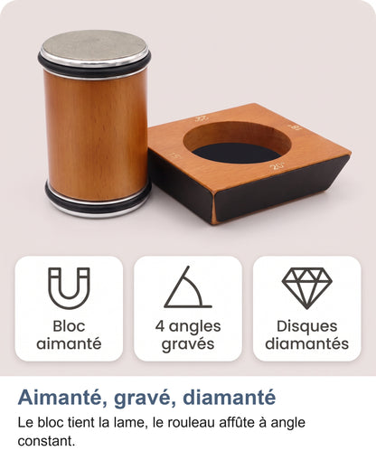 Aiguiseur à rouleau avec trois atouts : bloc aimanté, 4 angles gravés, disques diamantés