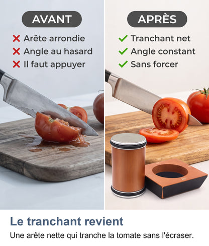 Avant, une lame émoussée écrase la tomate ; après affûtage au rouleau, tranchant net et coupe propre