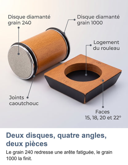 Les parties de l'aiguiseur à rouleau : disques diamantés grain 240 et 1000, joints caoutchouc, logement du rouleau, faces 15, 18, 20 et 22°