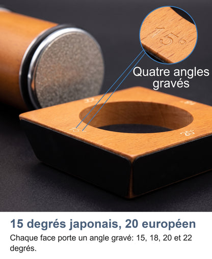 Zoom sur l'angle de 15° gravé sur le bloc en bois de l'aiguiseur à rouleau
