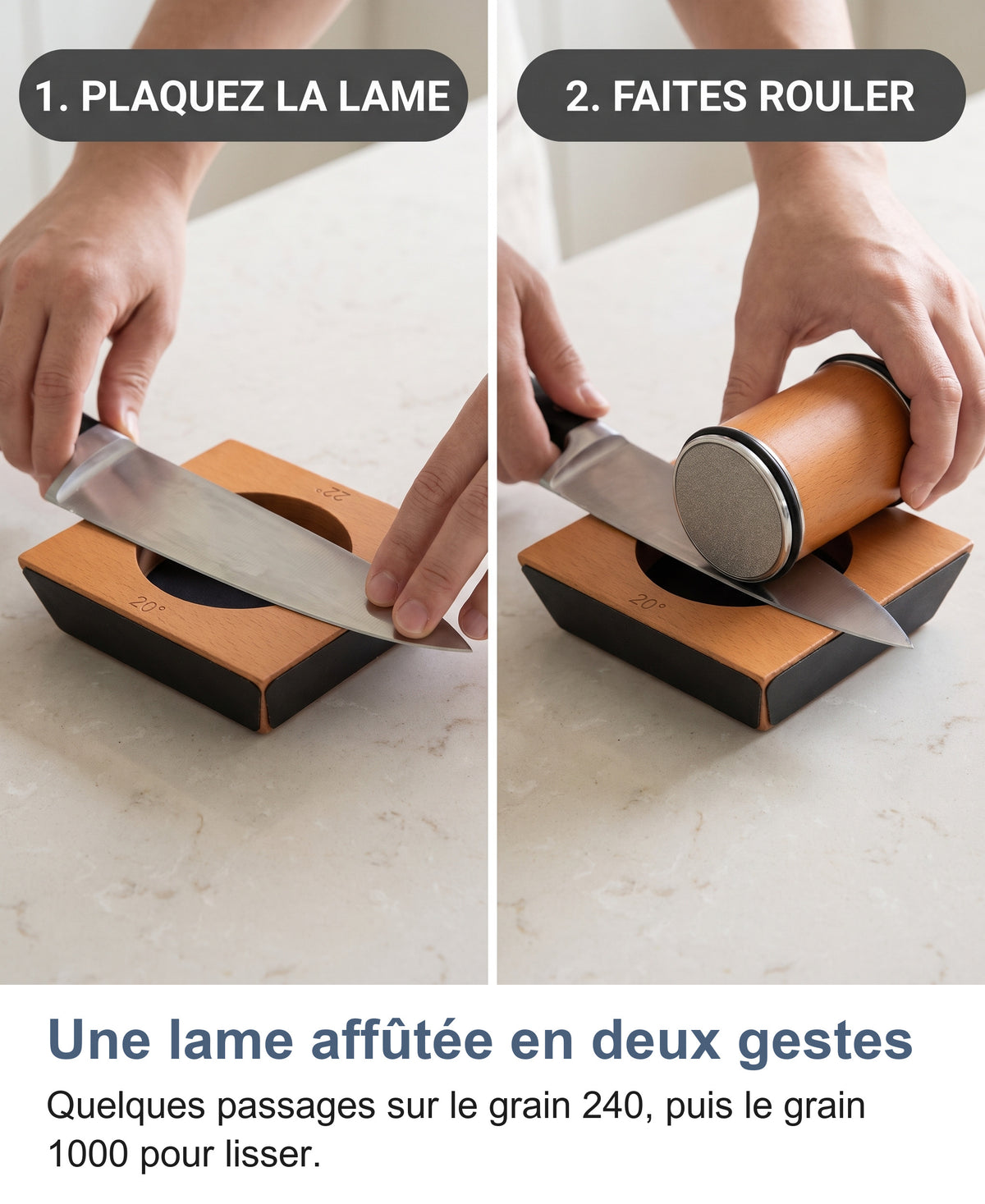 Deux gestes pour affûter : plaquer la lame sur le bloc, puis faire rouler le disque le long de l'arête