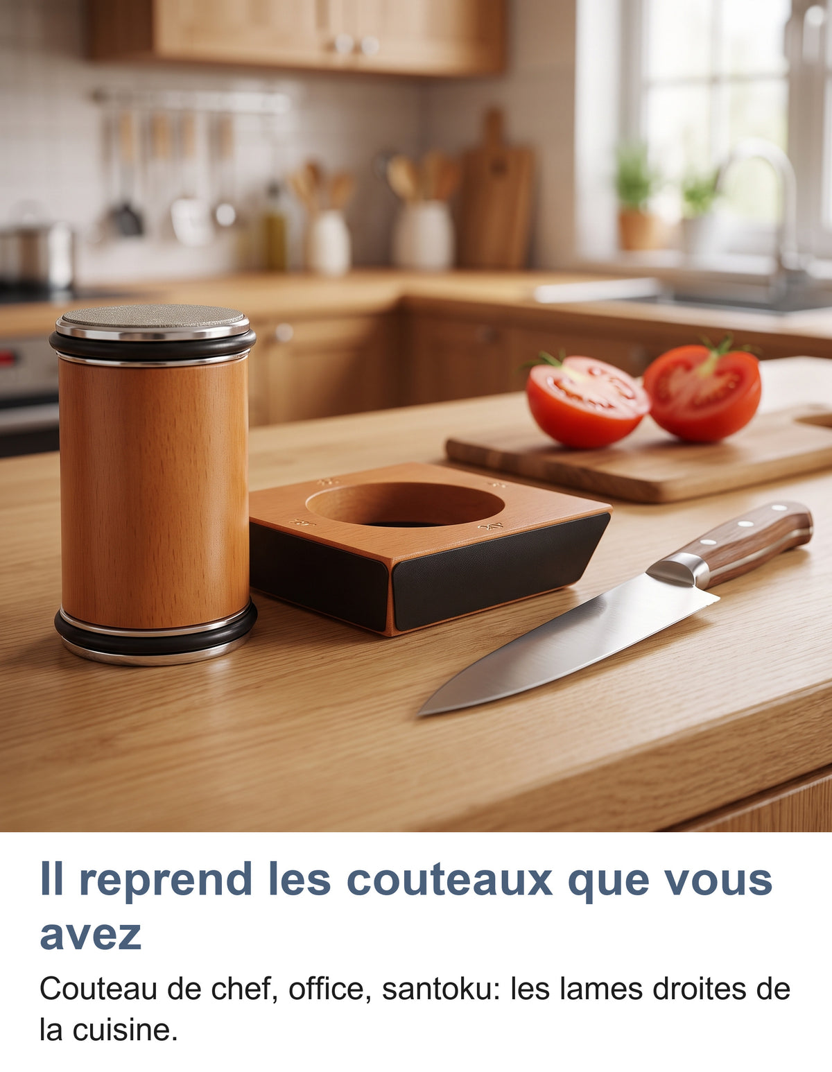 Aiguiseur à rouleau et son bloc sur un plan de travail de cuisine, à côté d'un couteau de chef et d'une tomate coupée
