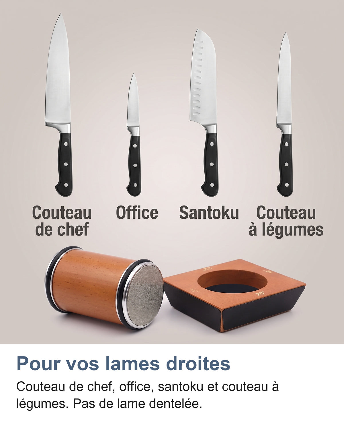 Couteaux compatibles avec l'aiguiseur à rouleau : couteau de chef, office, santoku et couteau à légumes
