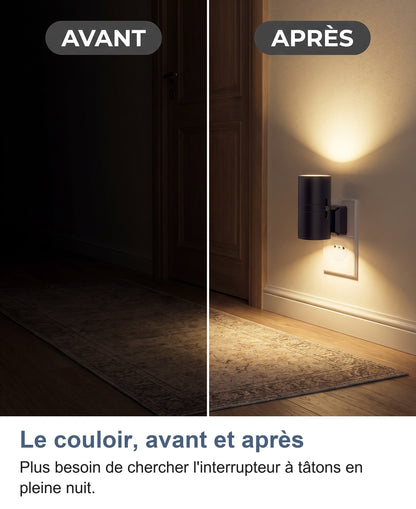 Le même couloir avant, dans le noir, et après, éclairé par la veilleuse