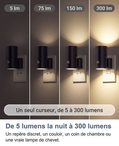 La même veilleuse noire à 5, 75, 150 et 300 lumens
