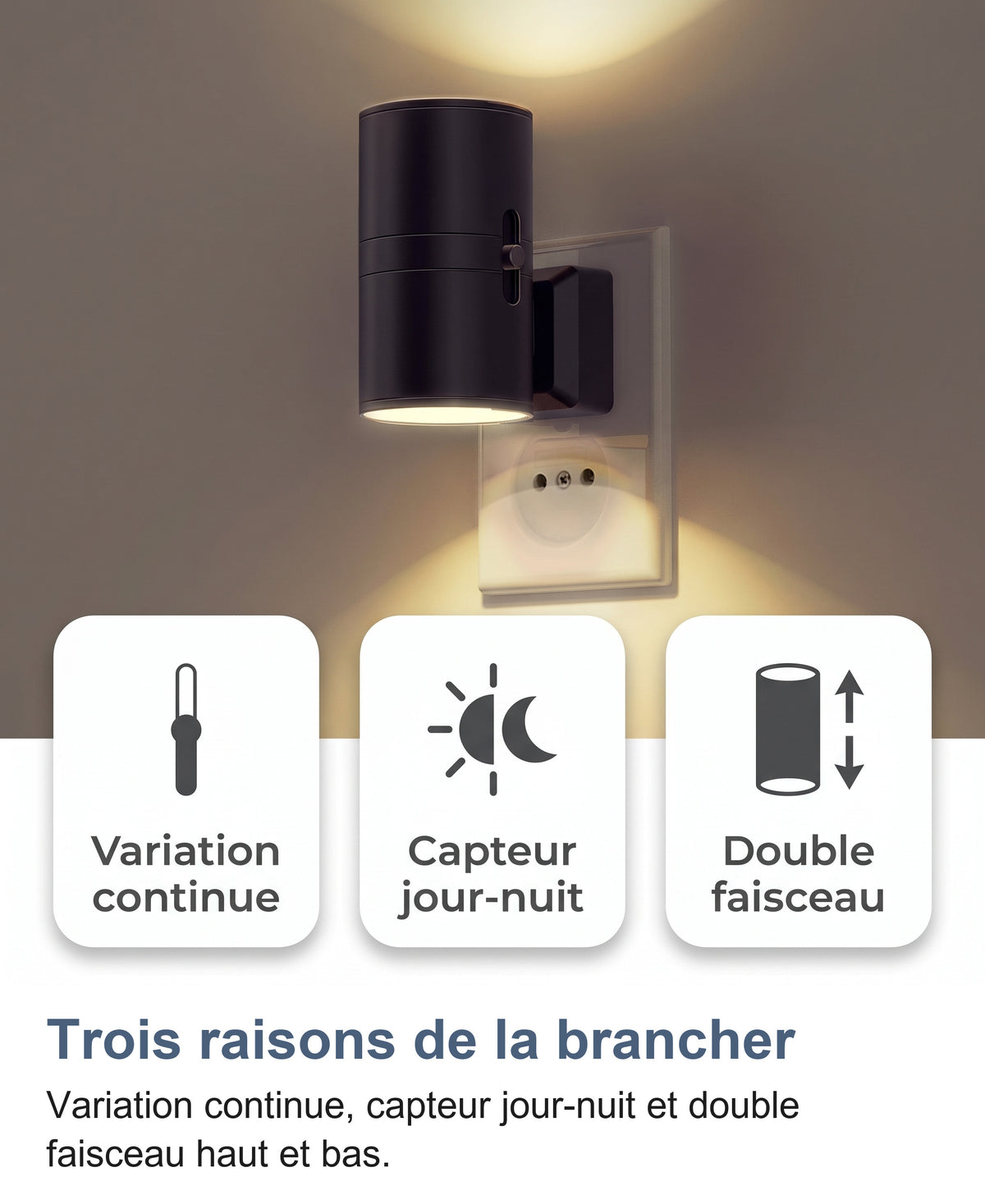 Veilleuse noire et trois cartes : variation continue, capteur jour-nuit, double faisceau