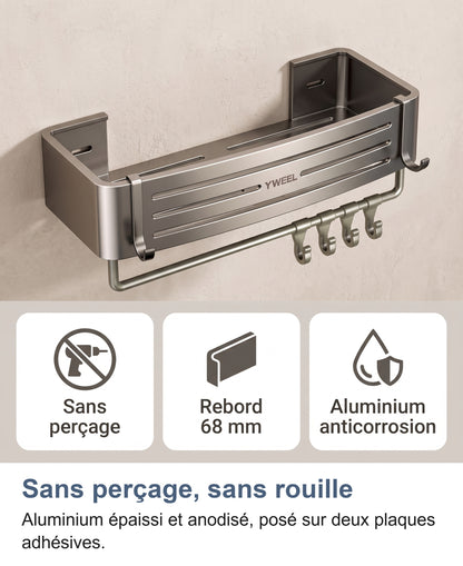 Étagère de douche murale avec trois atouts : sans perçage, rebord de 68 mm, aluminium anticorrosion