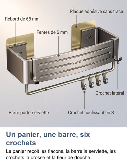 Les parties de l'étagère de douche adhésive : rebord de 68 mm, fentes de 5 mm, plaque adhésive sans trace, crochet latéral, barre porte-serviette et crochet en S