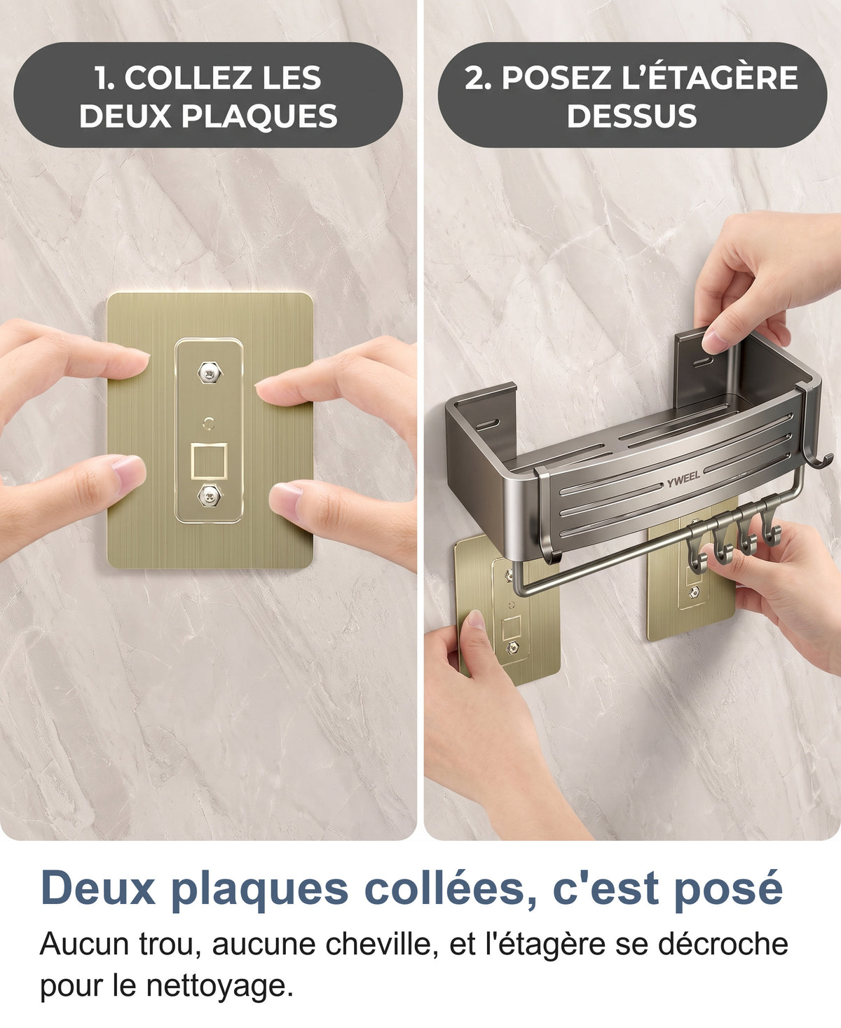Pose de l'étagère de douche en deux étapes : coller les deux plaques adhésives sur le mur, puis poser l'étagère dessus