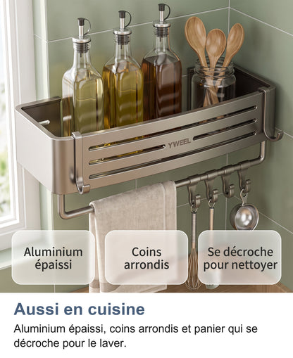 Étagère murale en aluminium dans une cuisine avec bouteilles d'huile et ustensiles, aluminium épaissi, coins arrondis, se décroche pour nettoyer