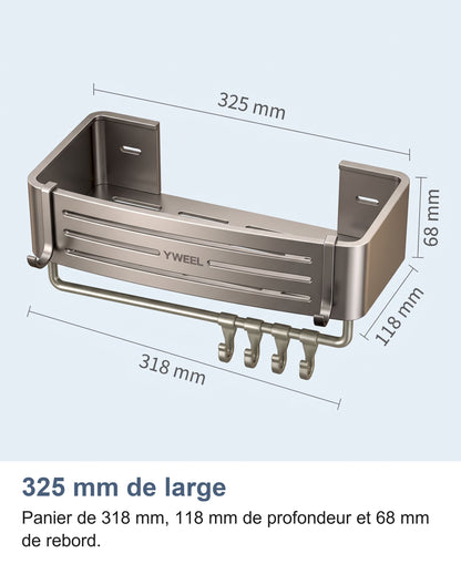Dimensions de l'étagère de douche : 325 mm de large, panier de 318 mm, 118 mm de profondeur et 68 mm de rebord