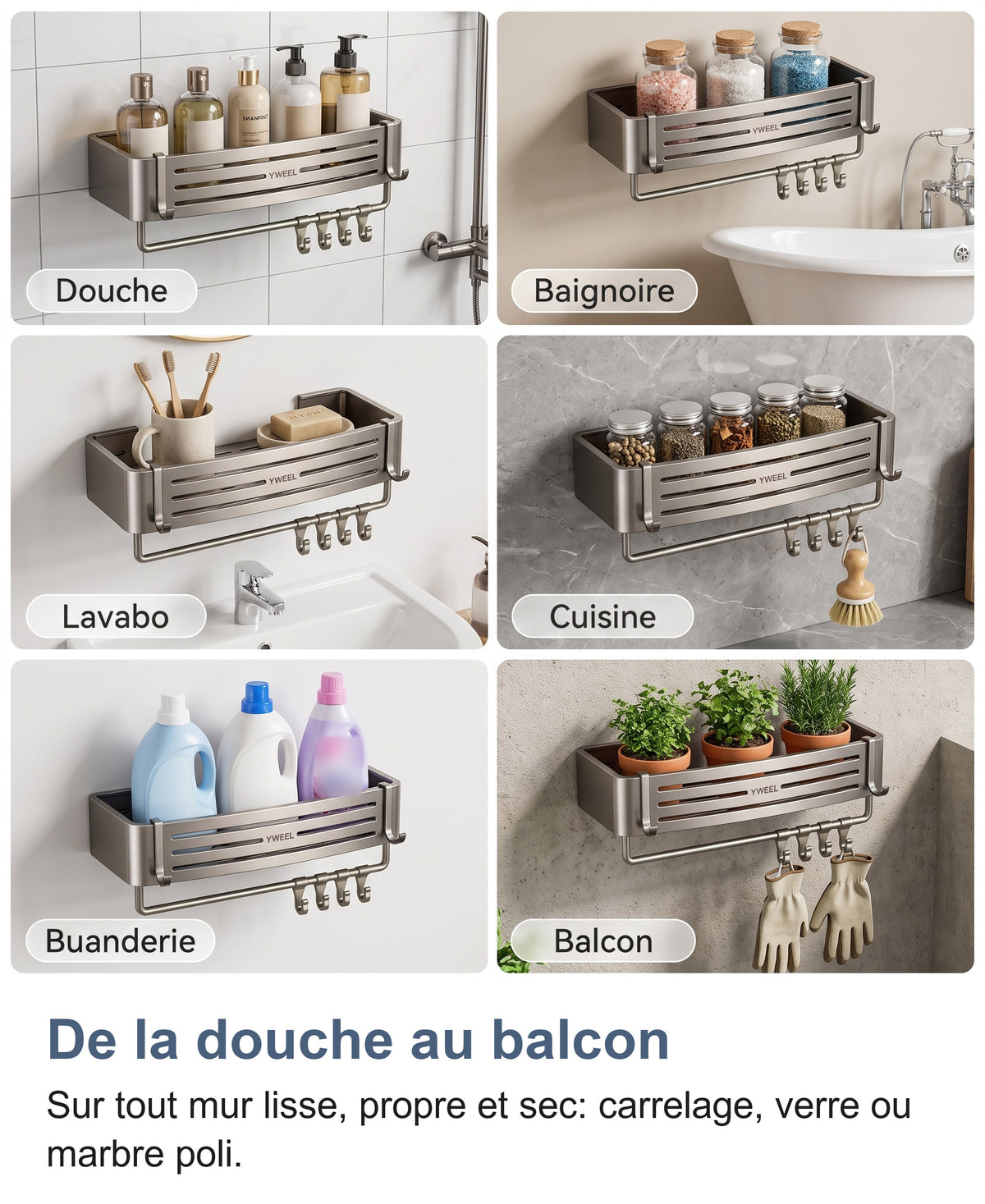 L'étagère murale adhésive dans six pièces : douche, baignoire, lavabo, cuisine, buanderie et balcon