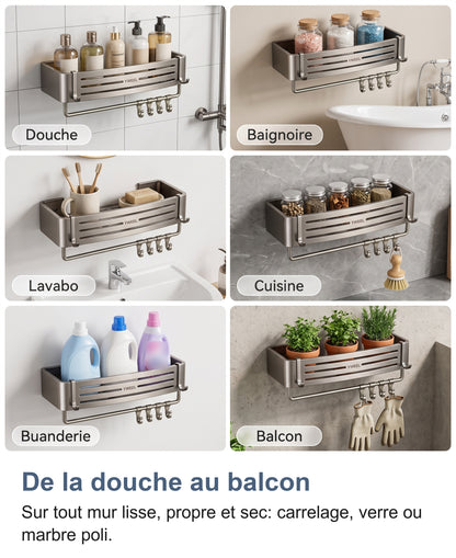 L'étagère murale adhésive dans six pièces : douche, baignoire, lavabo, cuisine, buanderie et balcon