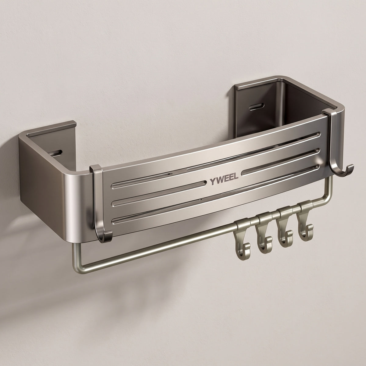 Étagère de douche murale en aluminium gris avec barre porte-serviette et 4 crochets en S, fixée sur un mur clair