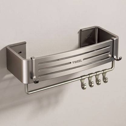 Étagère de douche murale en aluminium gris avec barre porte-serviette et 4 crochets en S, fixée sur un mur clair