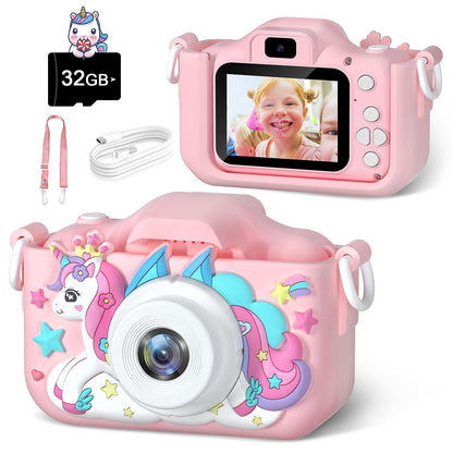 Appareil photo enfant numerique rose, etui licorne en silicone souple