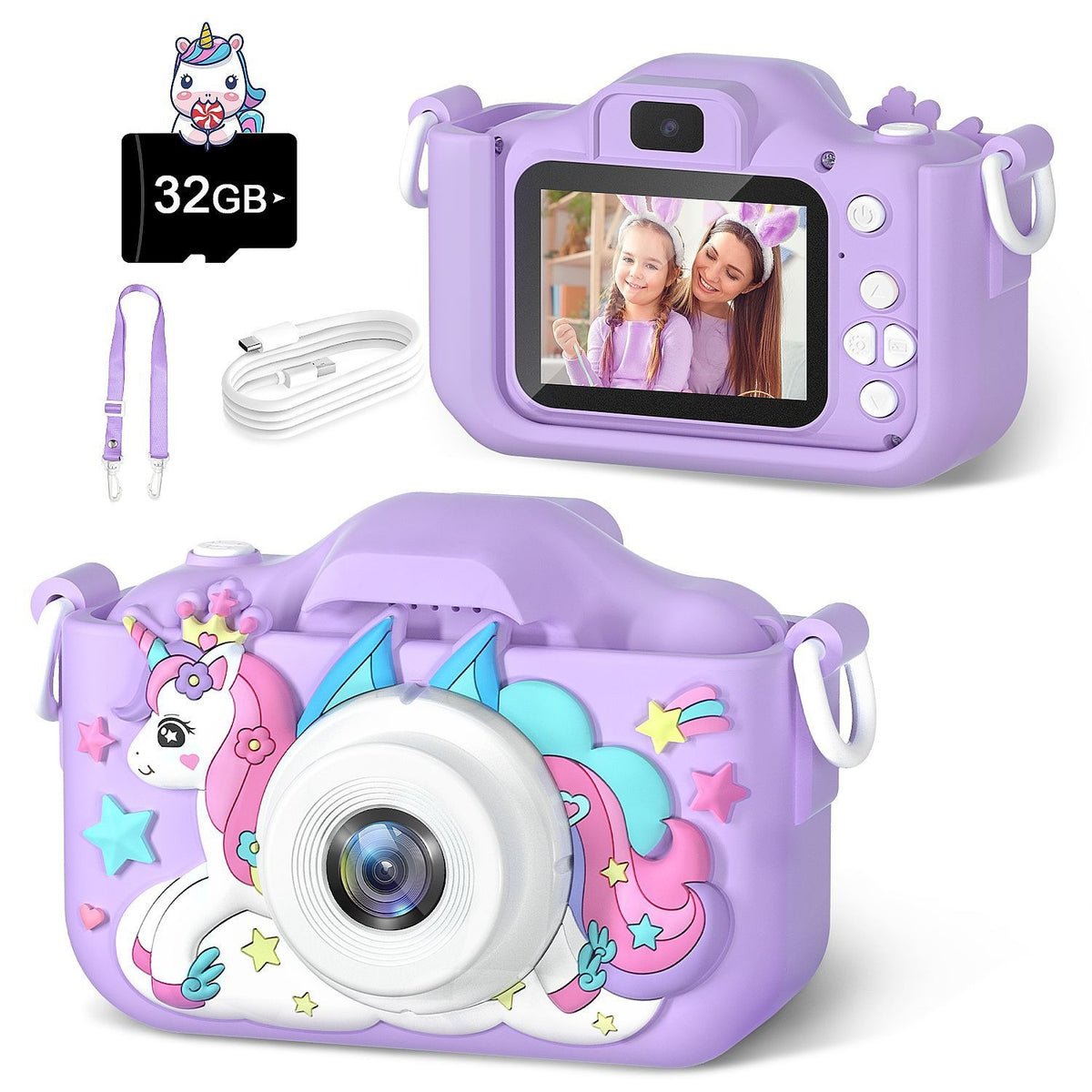 Appareil photo enfant numerique violet, etui licorne en silicone souple
