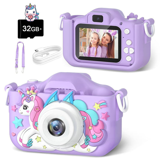 Appareil photo enfant numerique violet, etui licorne en silicone souple