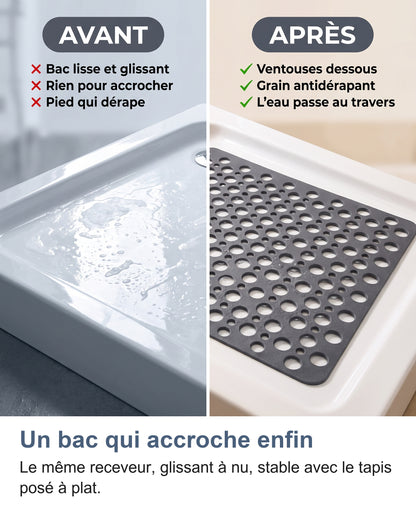 Avant, après : bac lisse et glissant, puis le même bac avec le tapis