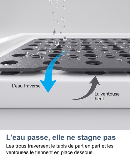 Coupe du tapis sur un bac : l'eau traverse les trous, la ventouse tient