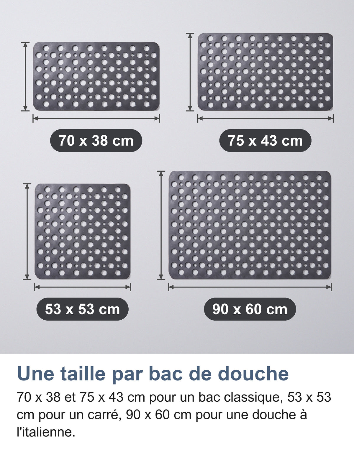 Guide des tailles à l'échelle : 70 x 38, 75 x 43, 53 x 53 et 90 x 60 cm