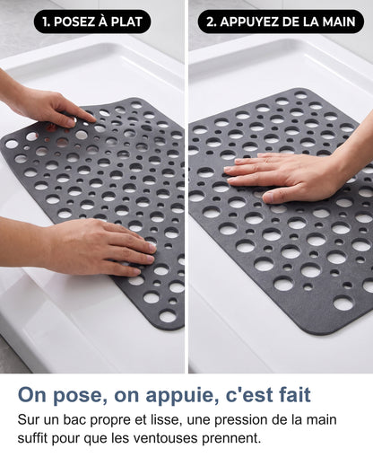 Deux gestes : poser le tapis à plat, puis appuyer de la main