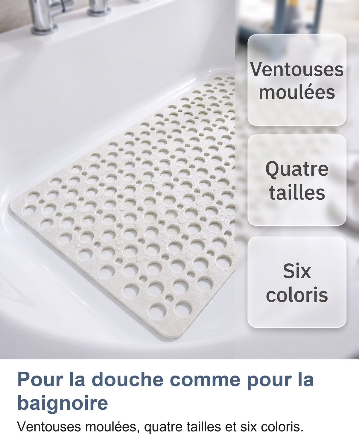 Tapis blanc dans une baignoire : ventouses moulées, quatre tailles, six coloris