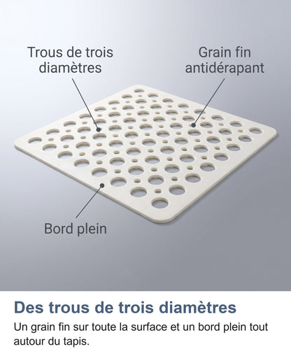 Dessus du tapis : trous de trois diamètres, grain fin antidérapant, bord plein