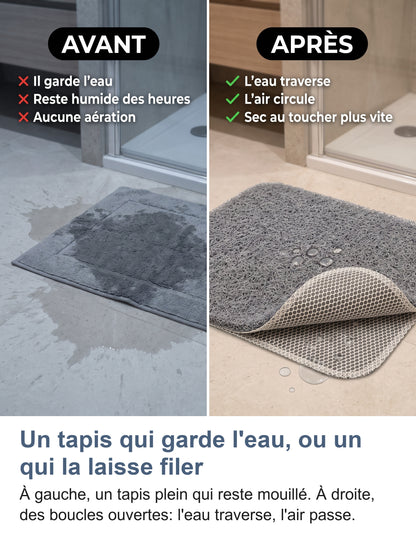 Avant, après : un tapis plein mouillé, puis le tapis à boucles ouvertes