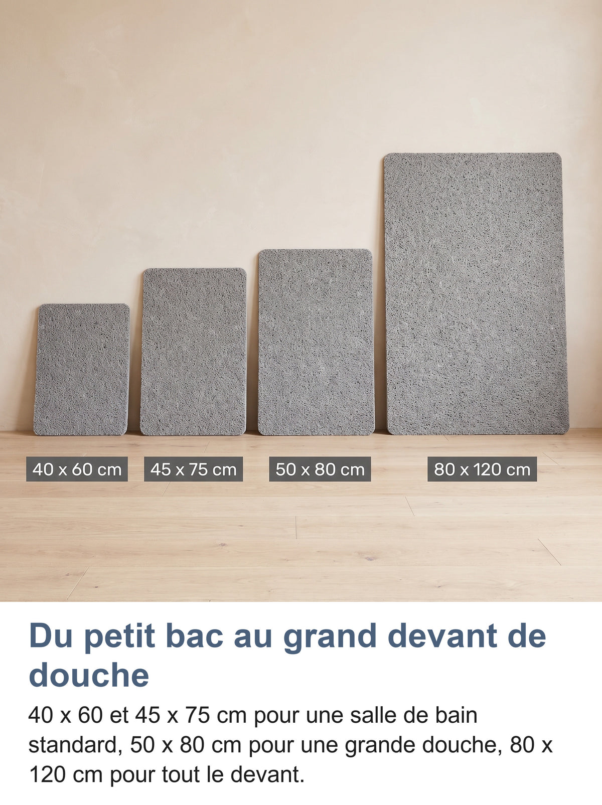 Les quatre tailles debout contre le mur : 40 x 60, 45 x 75, 50 x 80 et 80 x 120 cm