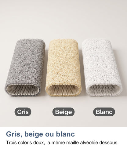 Les trois coloris roulés côte à côte : gris, beige et blanc