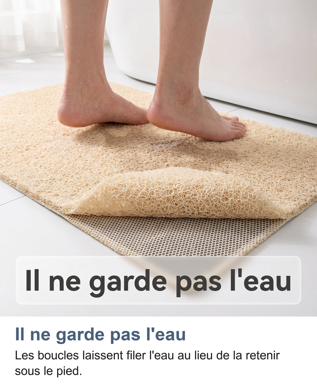 Pieds mouillés posés sur le tapis beige à la sortie du bain