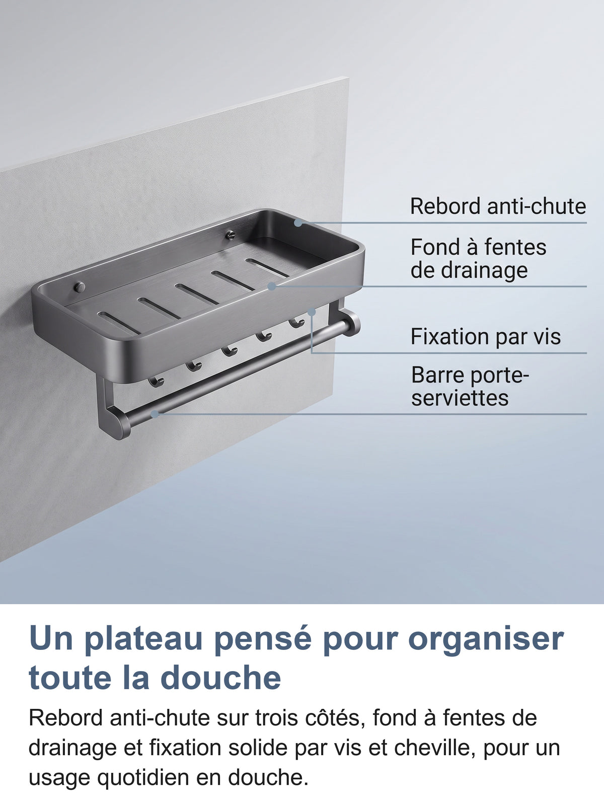 Anatomie de l'étagère murale : rebord anti-chute, fond à fentes de drainage, fixation par vis, barre porte-serviettes