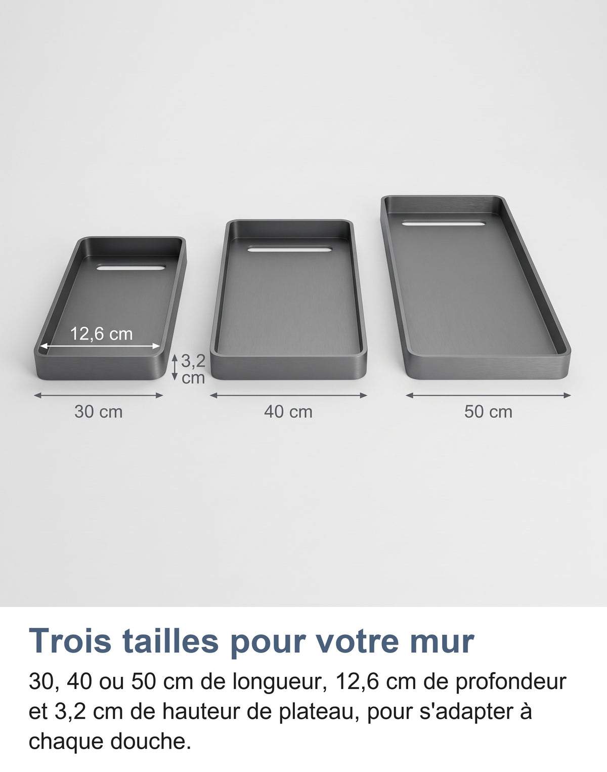 Trois tailles d'étagère murale, 30, 40 et 50 cm, avec profondeur et hauteur de plateau