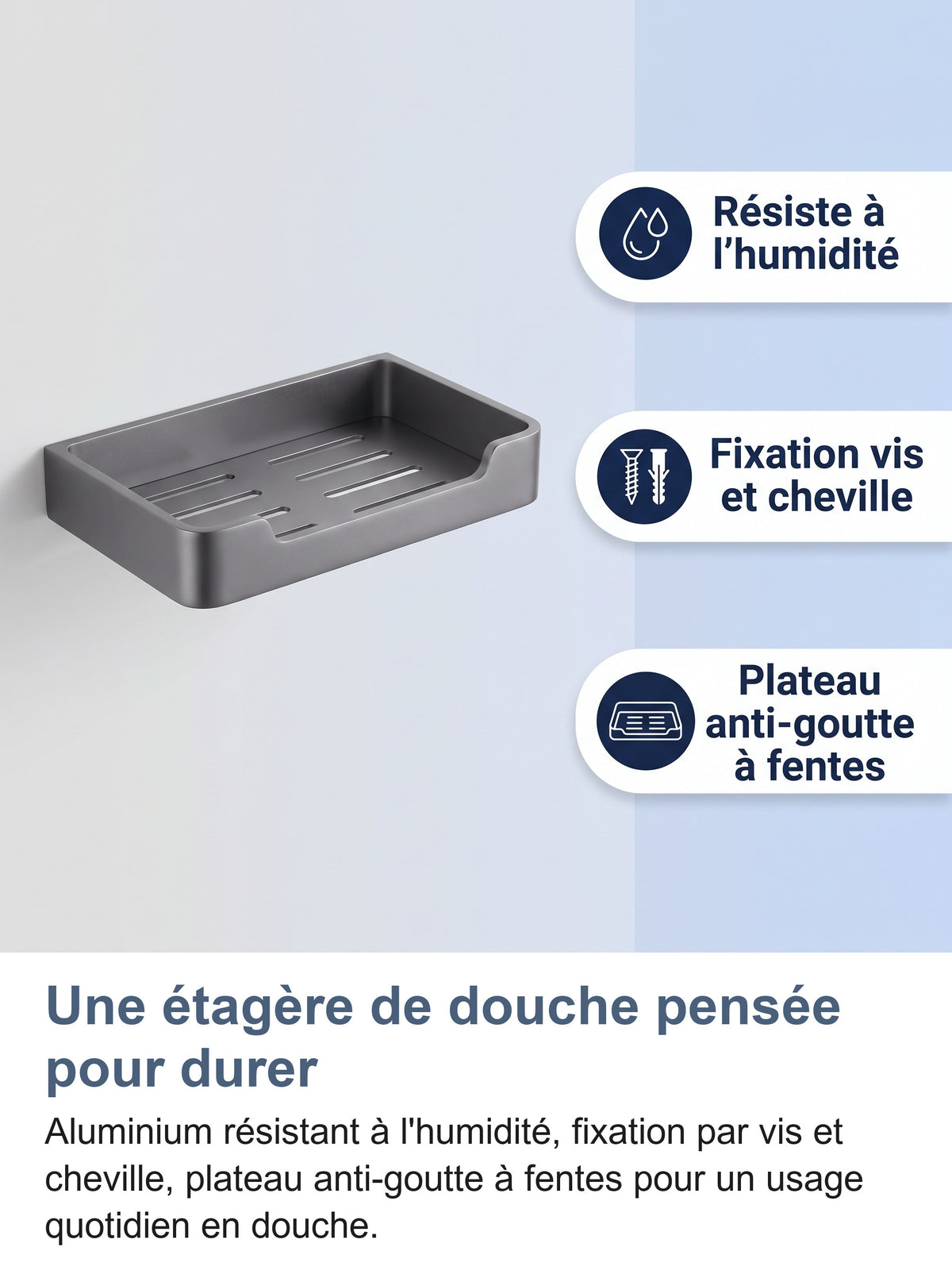 Étagère de douche résistante à l'humidité, fixation vis et cheville, plateau anti-goutte à fentes
