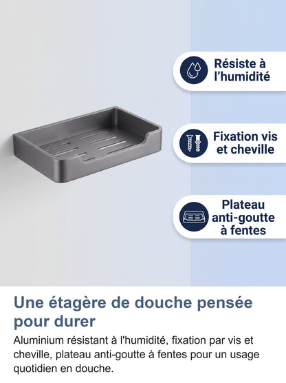 Étagère de douche résistante à l'humidité, fixation vis et cheville, plateau anti-goutte à fentes