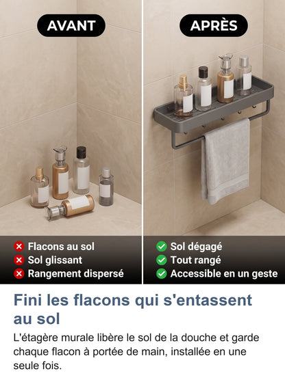 Avant après : flacons au sol de la douche puis rangés sur l'étagère murale avec porte-serviettes