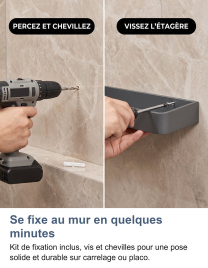 Installation de l'étagère murale : percer et cheviller, puis visser l'étagère