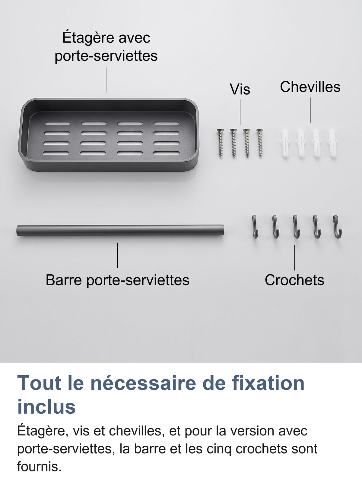 Contenu de la boîte : étagère avec porte-serviettes, vis, chevilles, barre et crochets