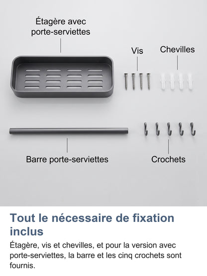 Contenu de la boîte : étagère avec porte-serviettes, vis, chevilles, barre et crochets