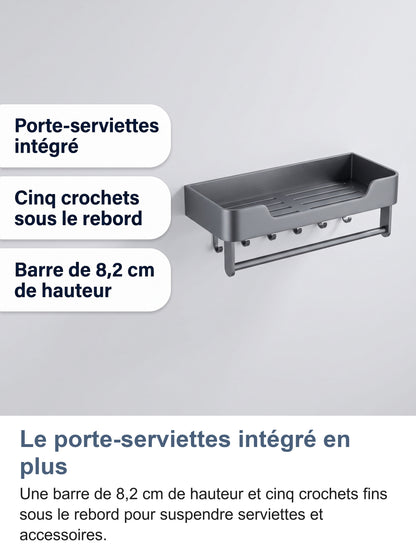 Fonctionnalités du porte-serviettes intégré : barre et cinq crochets sous le rebord
