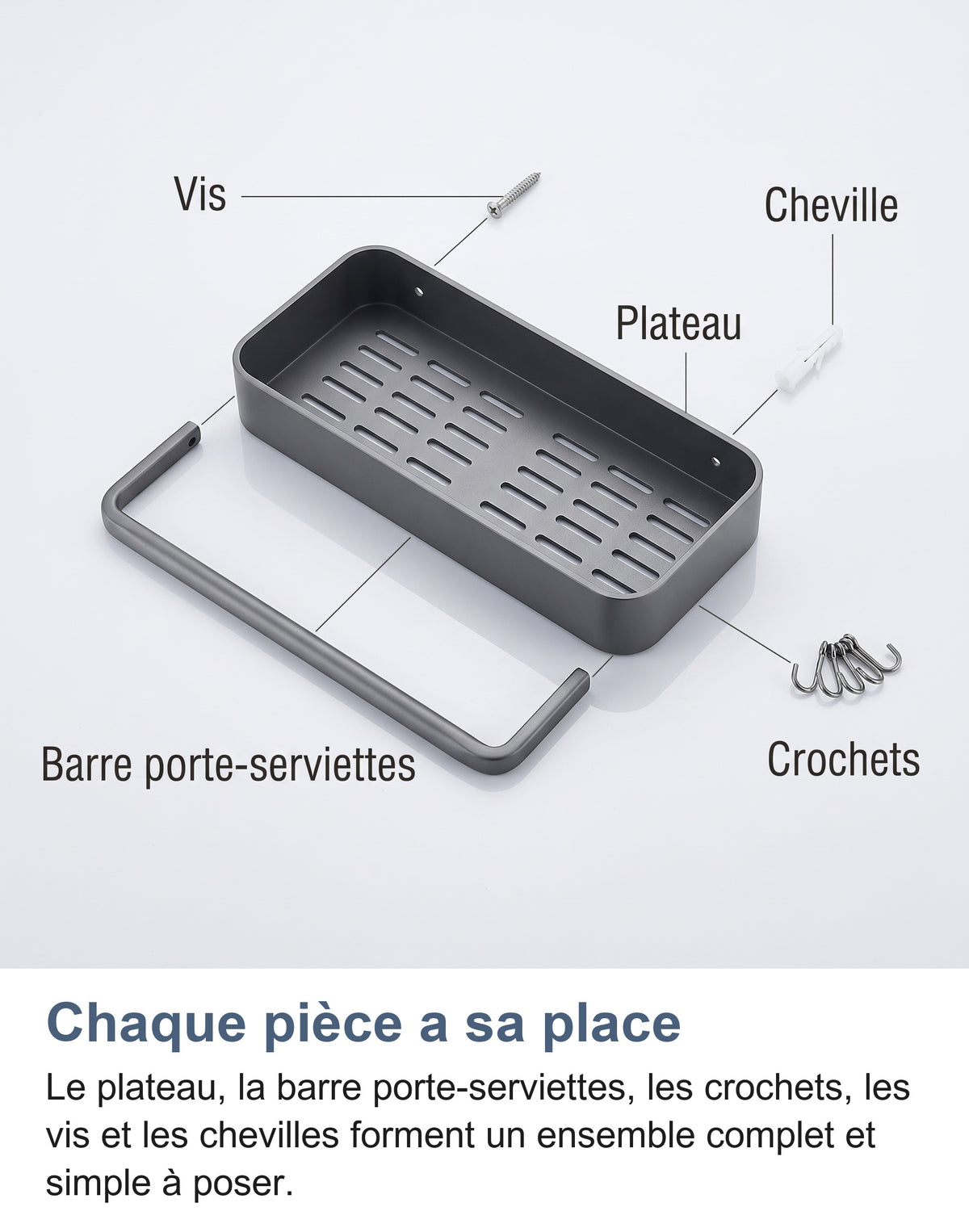 Vue éclatée de l'étagère avec porte-serviettes, barre, crochets, vis et cheville